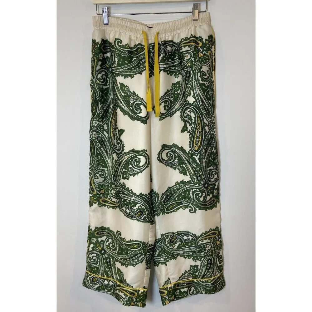 J.Crew Relaxed Pants Wide Leg Paisley Print Cream Green Yellow Size 10